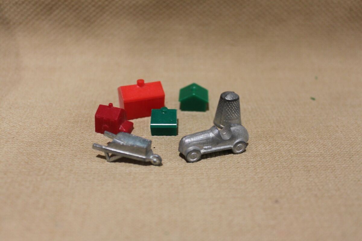 Vintage Monopoly Board Game Pieces Car Wheelbarrow Thimble Houses