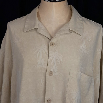 Nat Nast Button up Shirt Mens L Beige 100% Silk Pocket Tropical Palms Hawaiian