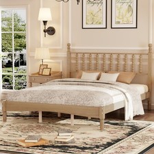 Queen Bed Frame Wood Platform Bed with Headboard Wood Slat Support Natural