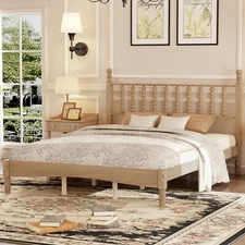 Queen Size Bed Frame Wood Platform Bed with Headboard Wood Slat Support Natural