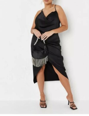 Missguided plus size black satin asymmetric strappy drape midi dress Size 8  | eBay UK