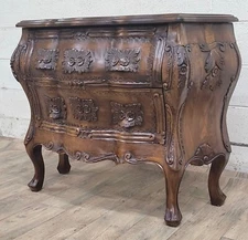 Antique Louis XV Style Walnut Bombe Carved Chest or Commode