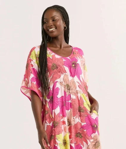 WANIMA KSF LONG SLEEVE ネイビー×ピンク Mサイズ リネンワンピース】なめらかな超高密度リネン ピンタックドレス