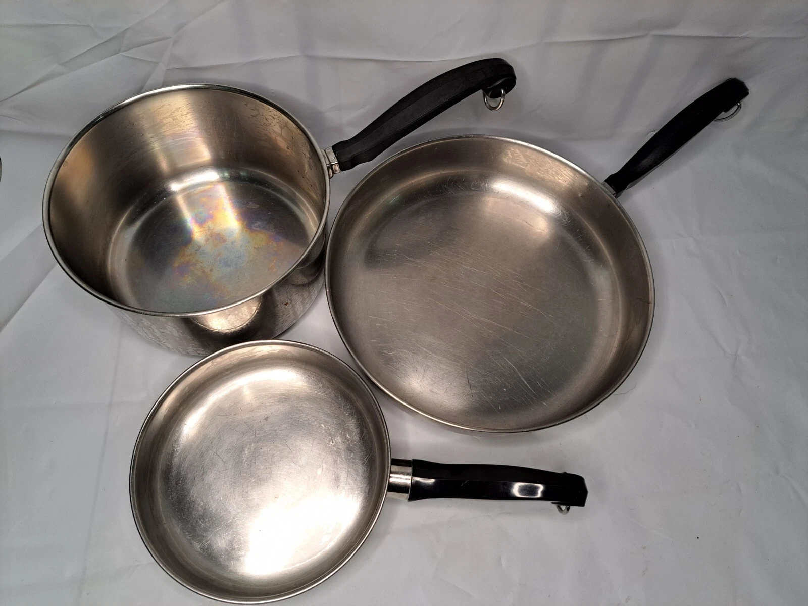 Vintage 3 Piece FARBERWARE Aluminum Clad Stainless Steel Pot Pans Cookware