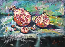 Original Mixed Media Pomegranates Painting - Fruit Still Life Wall Art, 9"x12"