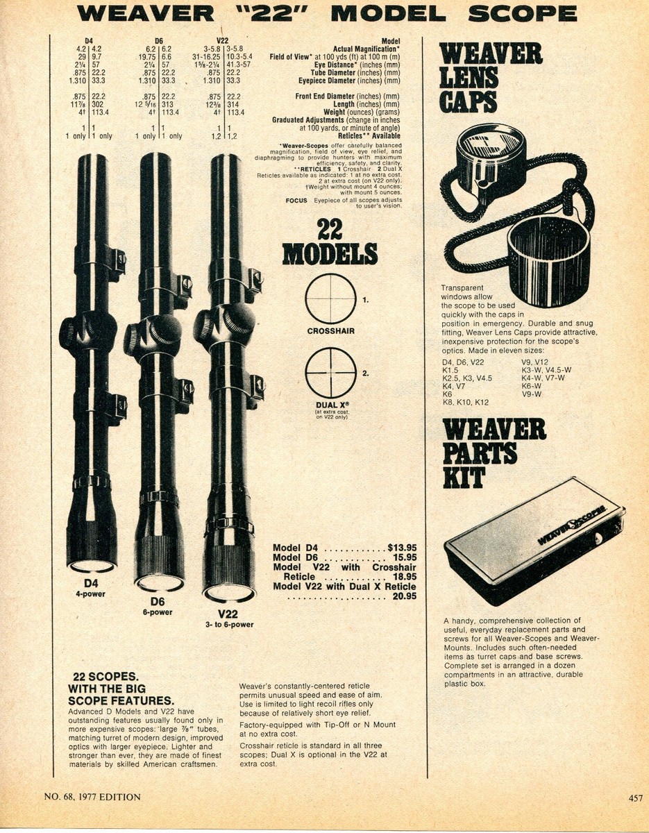 1977 Print Ad of Weaver 22 Model Rifle Scopes D4 D6 & V22, lens