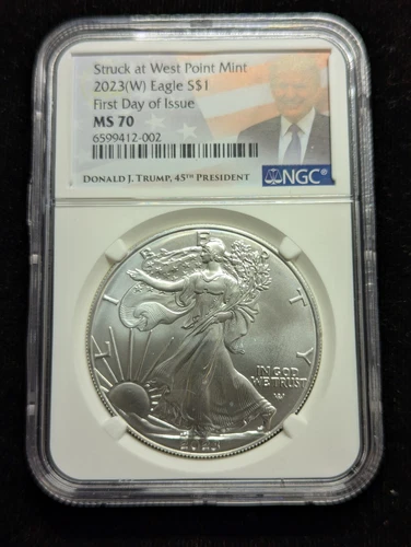 2023 W $1 SILVER EAGLE NGC MS70 FIRST RELEASES DONALD J. TRUMP LABEL TYPE 1 #106