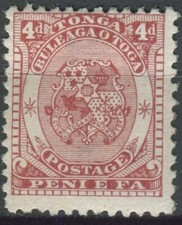 Tonga 1892 SG12 4d chestnut Coat of Arms part gum MNH