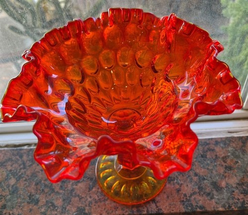 Vintage Fenton Amberina Ruffled Thumbprint Pedestal Compote Candy Dish 8" - Picture 6 of 9