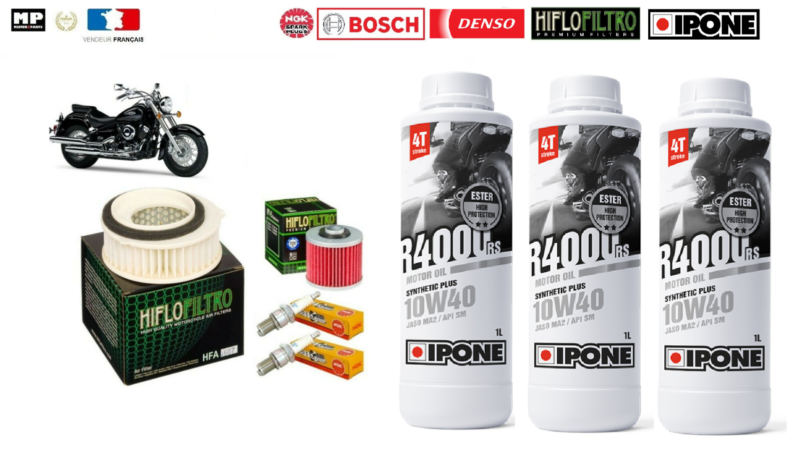 Kit Vidange Filtres Bougies Huile Ipone Moto Yamaha XVS 650 Drag Star Entretien Pièces 97-07