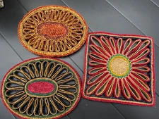 LOT of 3 Raffia Hot Pads Trivets Vintage Square Oval VINTAGE Boho