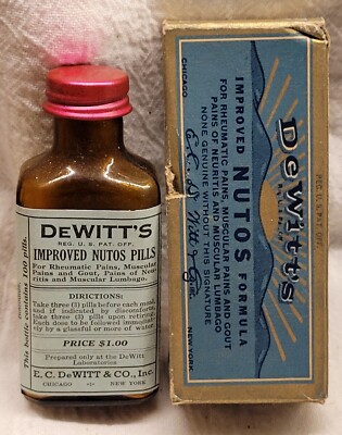 NICE DEWITTS IMPROVED NUTOS PILLS E. C. DEWITT ORIGINAL LABEL BOX CHICAGO NY