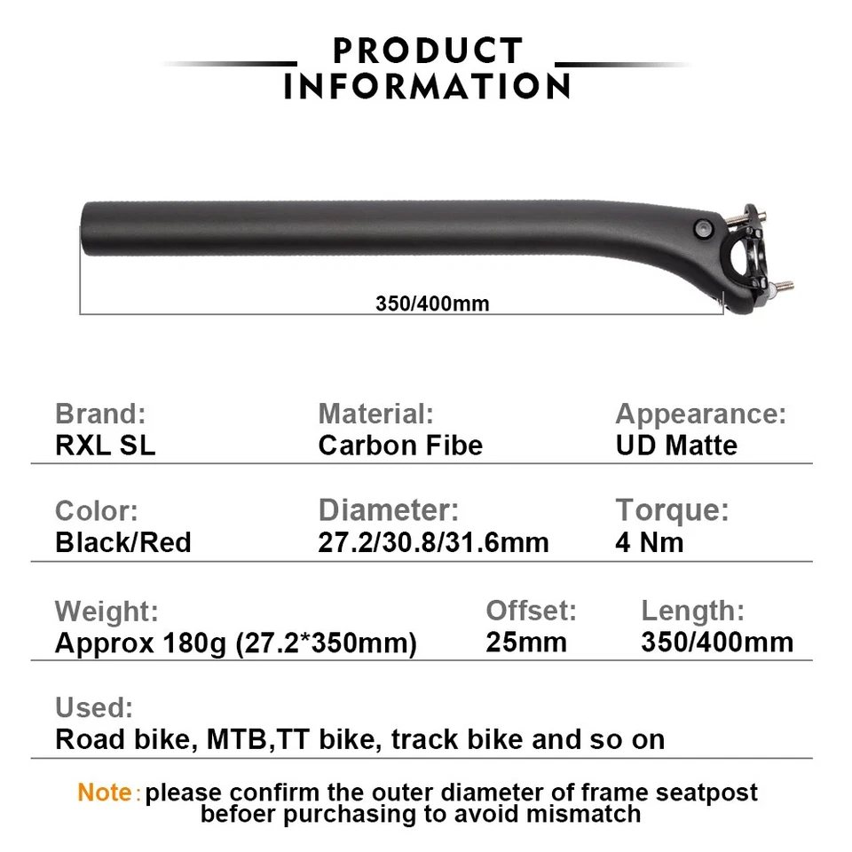 Mountain Road Bike Carbon Seat Post 25.4/27.2/31.6mm Offset 25mm Seat Tube - Image 4 of 4