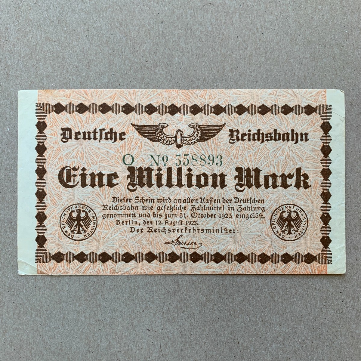 極美品 希少 1923年 ドイツ 1ミリオンマルク mark 旧紙幣 古紙幣 1923 German 1 Million Mark Banknote, Railroad Currency WWI