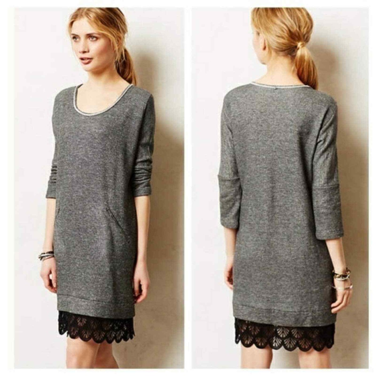 Anthropologie Dolan Fiona Dark Grey Black Lace Hem Tunic Dress Small