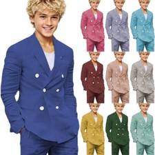 Boy Linen Suit Formal 2 Pieces Summer Tuxedo Double Breasted Shorts Set Stylish