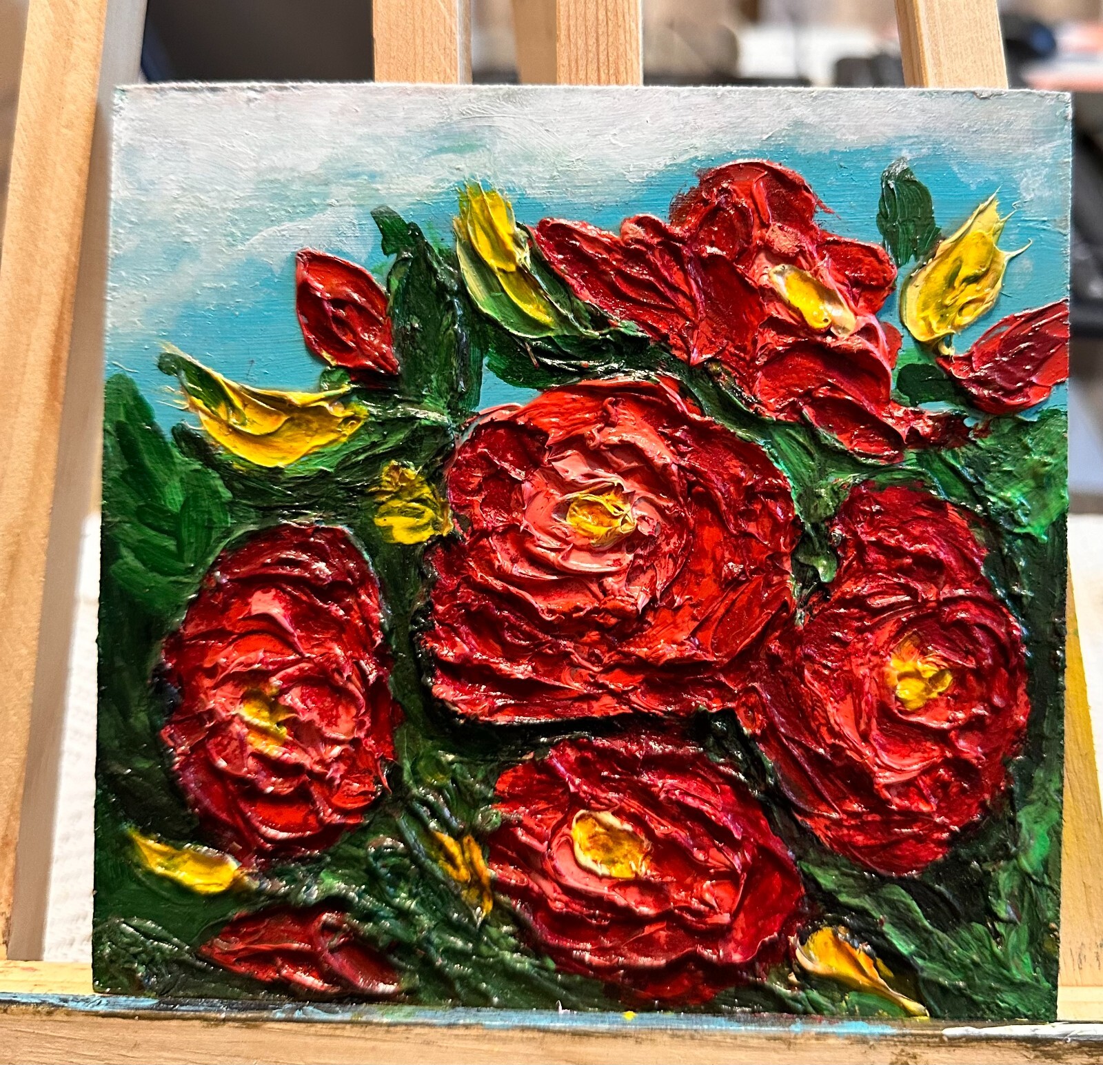 Oil Painting Red Roses Floral Art on Panel 3 D Impasto Image 15x15 cm 6x6 inches