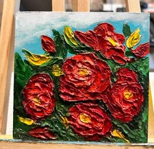 Oil Painting Red Roses Floral Art on Panel 3 D Impasto Image 15x15 cm 6x6 inches