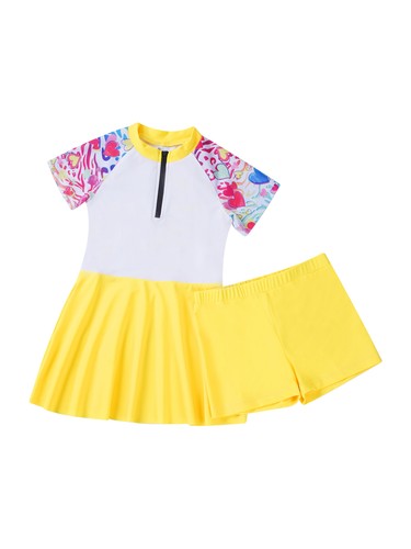 Kids Girl Swimsuit Swimming Wetsuit A-line Bathing Suit Zipper Up Costume Pool - Picture 24 of 74