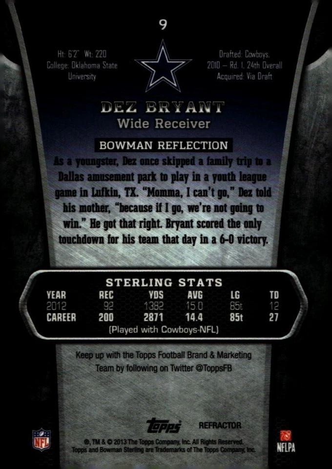 2013 Bowman Sterling Blue Refractor /99 Dez Bryant #9 Dallas Cowboys - Image 2 of 2