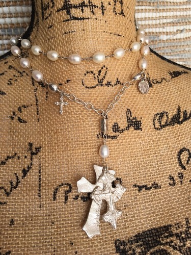 CA Studio Süßwasserperlen Sterlingsilber Doppelkreuz Halskette 34 Zoll - Bild 1 von 10