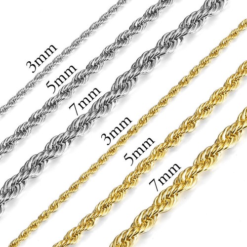 3/5/7mm Mens Womens Rope Link Chain Silver/Gold Stainless Steel ...