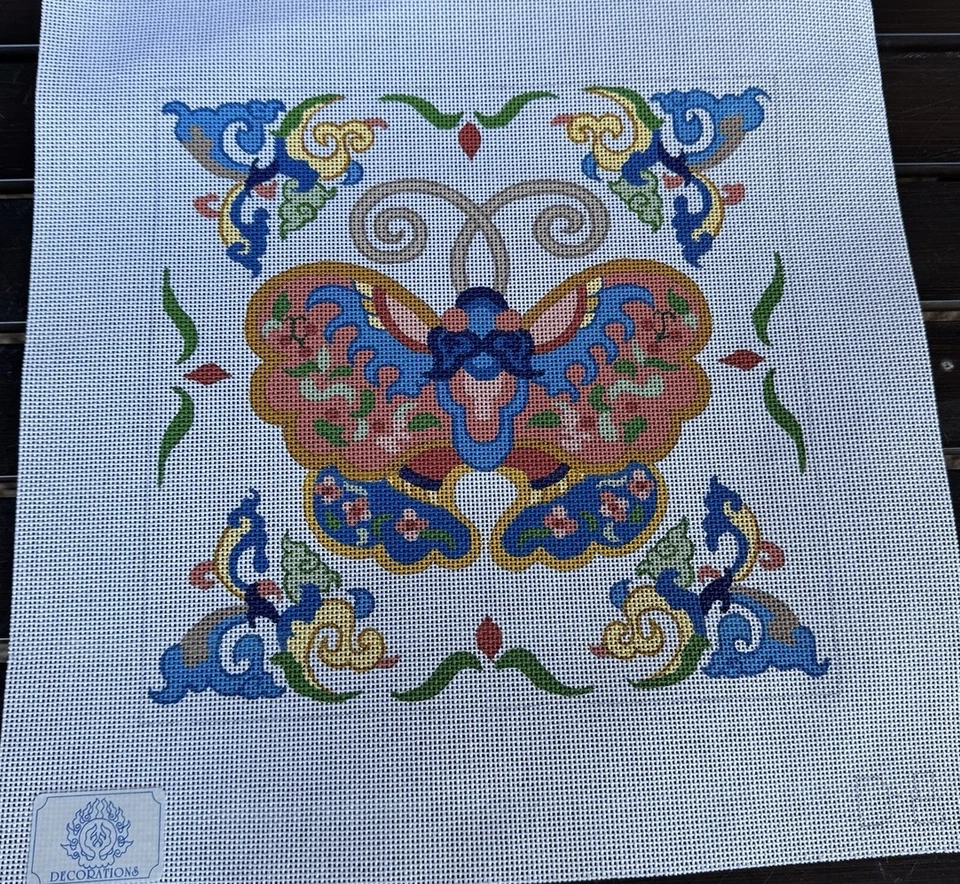 Cloisonne Butterfly Handpainted Canvas 11" Square Pillow Needlepoint Julie Mar - Image 2 of 4