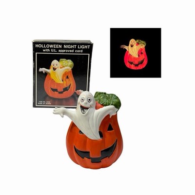 Vtg Halloween Pumpkin Ghost Night Light Up Ceramic Jack-O-Lantern Decor Taiwan