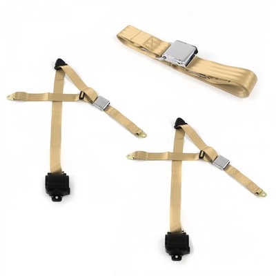 AMC 1958 - 1988  Airplane 3pt Tan Retractable Bench Seat Belt Kit - 3 Belts 