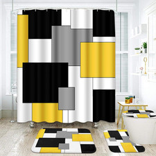Yellow Black Grey Modern Bathroom Set with Shower Curtain and Rugs Accessories,