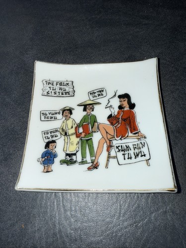 "Plato de baratija cuadrado de 3"" de colección años 50 Naughty Novelty The Four Tu Wu Sisters Japón" - Imagen 4 de 6