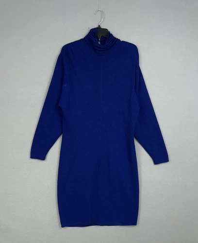 Vintage St John Sweater Dress Women 12 Blue Turtleneck Knit USA 80s Quiet Luxury