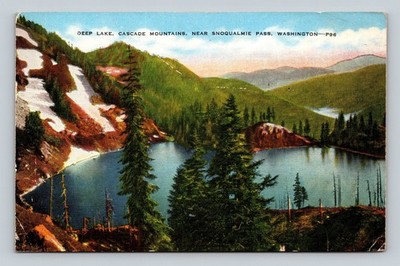 Vintage Deep Lake Cascade Mountains Washington Linen Postcard 1944