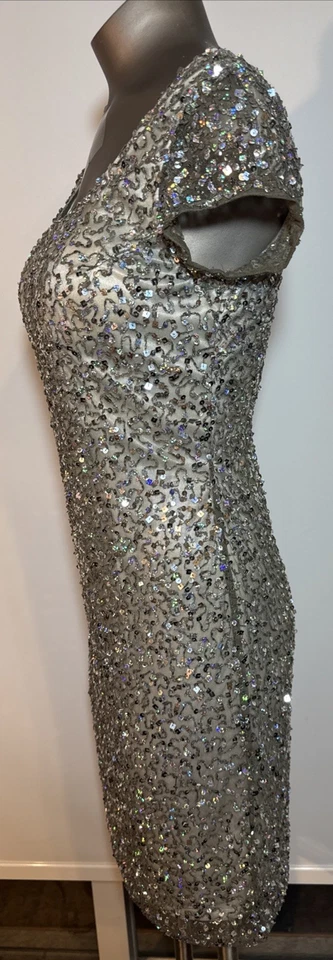 Vestido Boston Propio Plateado Lentejuelas 2 Fiesta Formal Año Nuevo Manga Gorra Forrado Iridiscente Foto 3 de 4