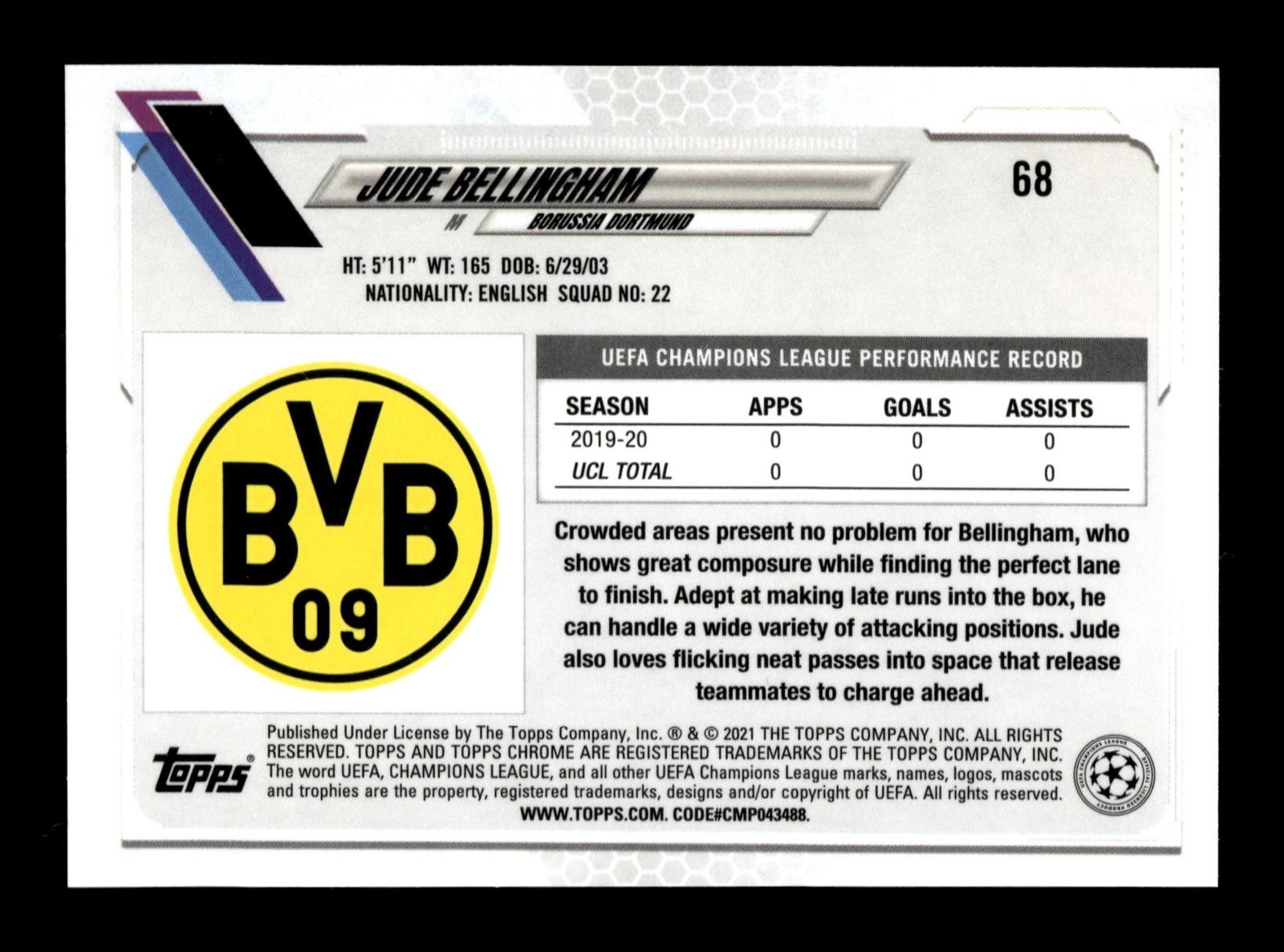 2020-21 Topps Chrome UEFA Champions League #68 Jude Bellingham ROOKIE RC view 2