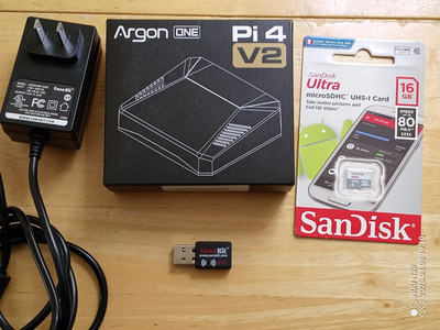 Argon 1 V2 Pi4 Fan case w/canna power, ScanDisk 16Gb microSD, USB wireless adapt