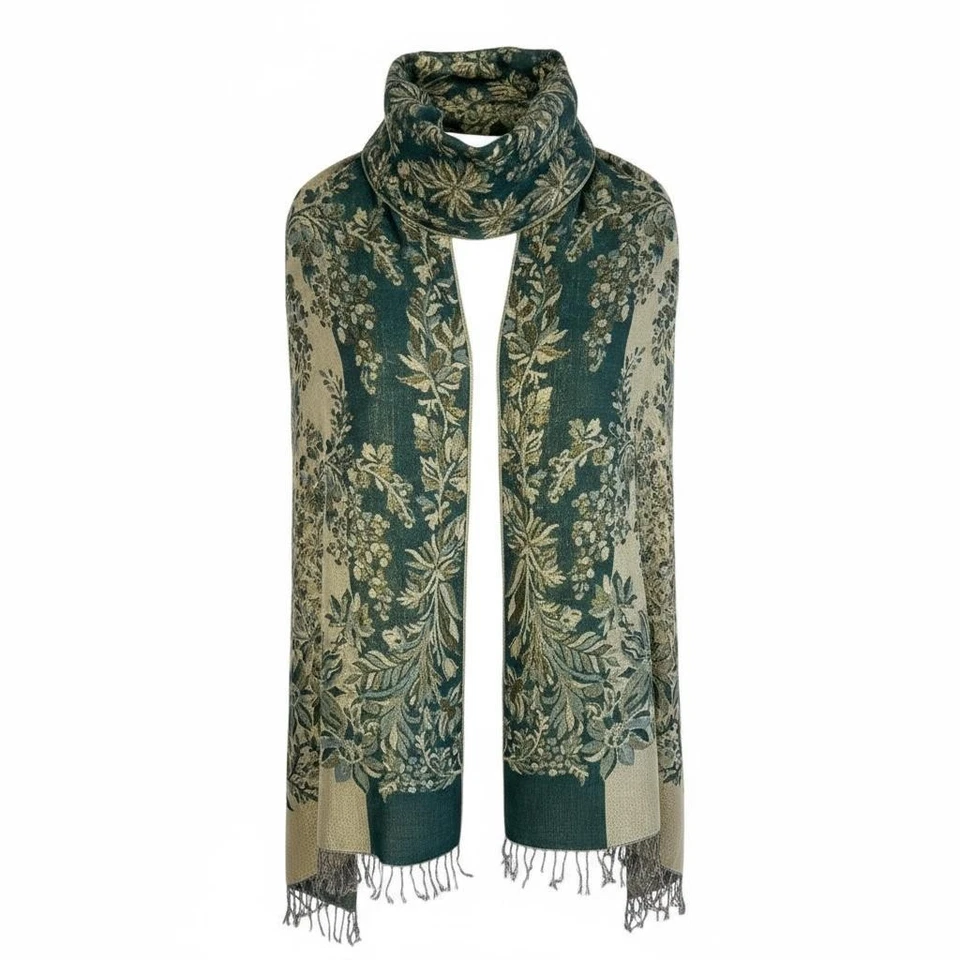 Pashmina Mezcla Seda Bufanda Mujer Verde Dorado Floral Jacquard Envolvente Chal Flecos Foto 2 de 4