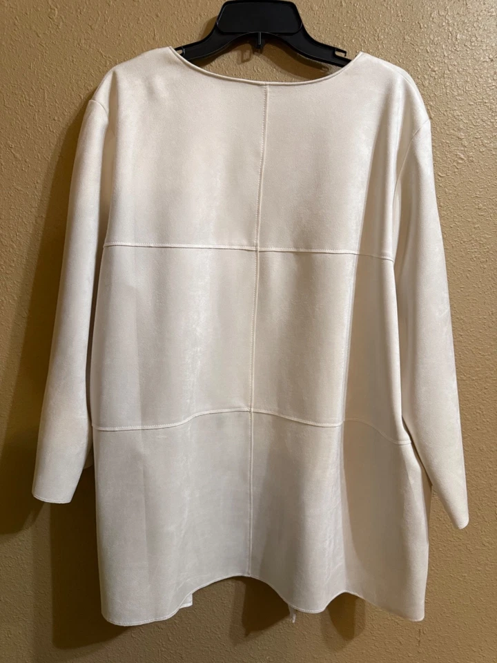 RUBY RD FAUX SUEDE LEATHER OPEN FRONT JACKET SZ 20W OFF WHITE 3/4 SLVS STRETCH - Image 4 of 4