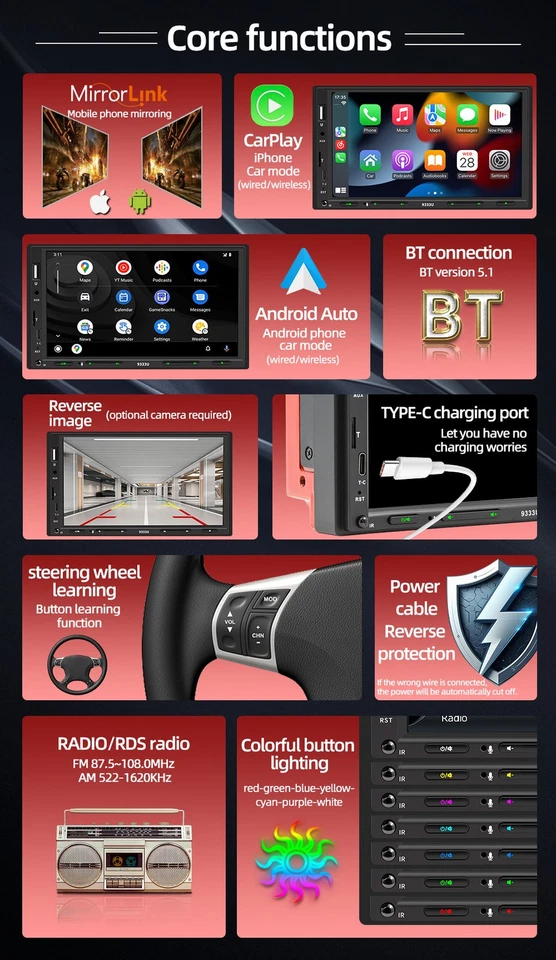 Double 2DIN 7" Car MP5 Player Bluetooth Touch Screen Stereo Radio FM Head Unit - Image 4 of 4