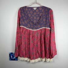 Natural Life Boho Printed Tunic Blouse Pink Purple Fringe Rayon Top S/M Hippie