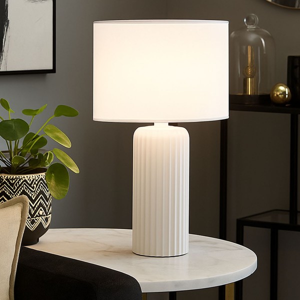 Tischlampe Tischleuchte Leselampe Stoff Keramik Schlafzimmerlampe Weiß H 51 Cm-image