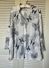 CITRON Santa Monica Bamboo White Black Butterfly Crinkle Button Blouse Top Sz 1X