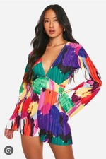 Boohoo NWT Abstract Plisse Twist Front Long Sleeve Mini Dress Size 8