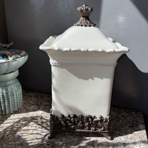 13 Inch Chris Madden For Home Collection JC Penny Canister Ivory Ceramic Metal B