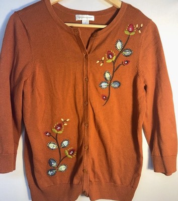 Christopher Banks Floral Cardigan M Rust CottageCore Embroidered Sweater