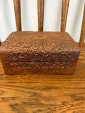 Vintage Hand-Carved Wooden Trinket Box with Red Velvet Interior