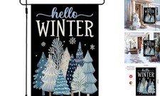 Hello Winter Garden Flag Trees 12x18 Inch Double Sided 12"X18" Blue-Winter