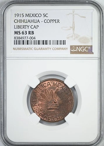1915 Mexico 5C Centavos Chihuahua Copper Liberty Cap NGC MS63RB