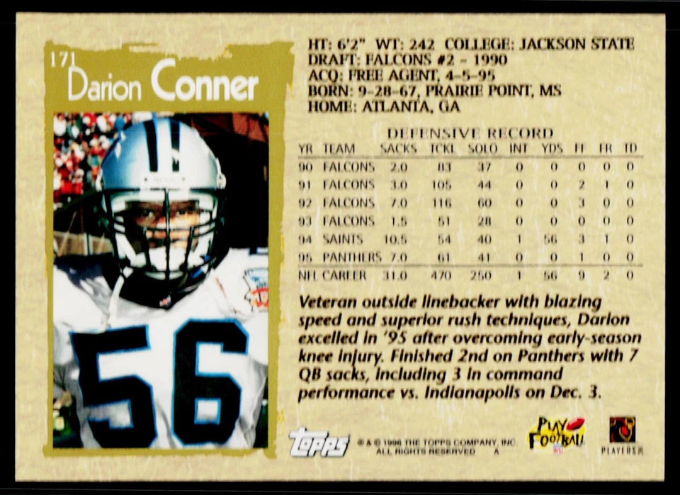 Darion Conner, 1996 Topps, #171, Carolina Panthers, - Image 2 of 2