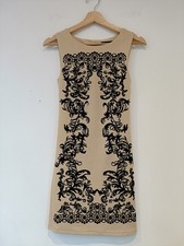 New Look Women's Size 6 Beige Black Damask Dress Modern Vintage Style Bodycon